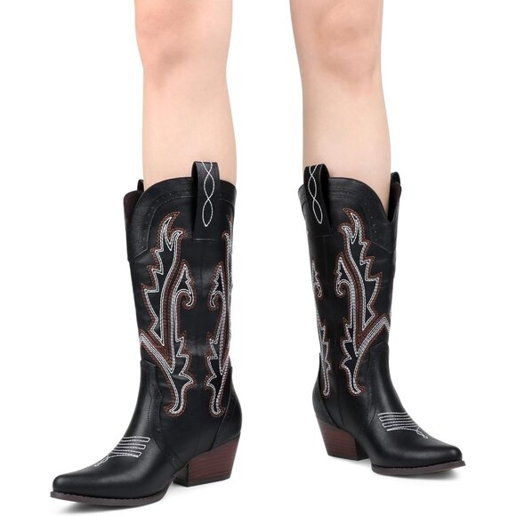 Women Synthetic Black Boots Mid-calf Pointy Toe Chunky Heels Embroidered Boot - Picture 6 of 7